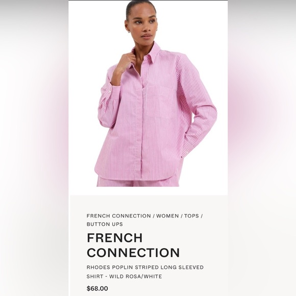 French Connection 100% Pink  White Striped Button Down and Shorts Set Size Large - Picture 2 of 15
